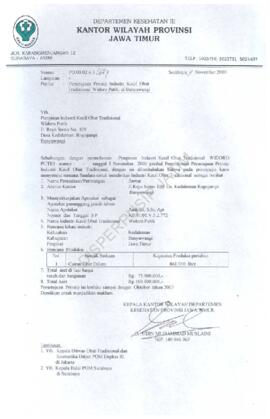 Surat kepada Pimpinan Widoro Putih Jl. Raya Srono no 109 Desa Kedaleman, Rogojampi tentang perset...