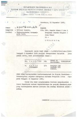 Surat dari Departemen Transmigrasi Kantor wilayah Propinsi Daerah Tk. I Jawa Timur