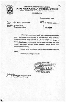 Surat dari Kepala Dinas Perindustrian dan Perdagangan Provinsi Jawa Timur kepada yth. Sdr. Ir. Ac...