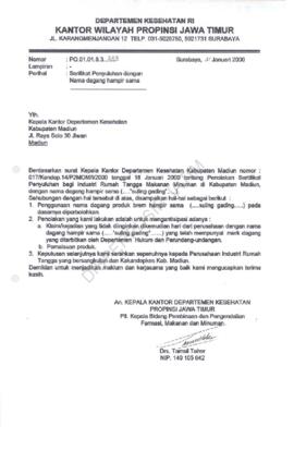 Surat kepada Kepala Kantor Depkes Madiun Nomor : PO.01.01.8.3.333 tentang sertifikat penyuluhan d...