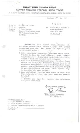 Kepala Kantor Wilayah Departemen Tenaga Kerja Propinsi Jawa Timur : Surat kepada Asisten Wakil Pr...