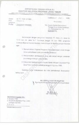 Kepala Kantor Departemen Tenaga Kerja Kotamadya Surabaya : Surat kepada Kepala Kantor Wilayah Dep...