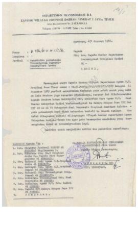 Surat dari Kepala Kanwil  Departemen Transmigrasi Jawa Timur kepada Kepala Kantor Departemen Tran...