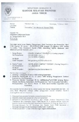 Surat  dari  Kakanwil  Depkes  Prop. Jatim  kepada  Pimpinan  Hollywood  sister Jl. Tenaga Dalam ...