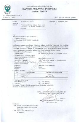 Surat kepada pimpinan CV.Sembilan Bintang tentang persetujuan prinsip industri kecil obat tradisi...