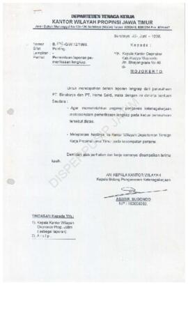 Surat Kepala Kantor Wilayah Departemen Tenaga Kerja Propinsi Jawa Timur : Surat kepada Kepala Kan...