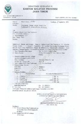 Surat kepada CV. Aliandra Wisma tentang persetujuan prinsip industri kecil obat  tradisional CV.A...