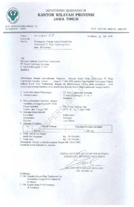 Surat kepada pimpinan PT. Rojo Captaniaga klencana dari DepKes Prop. Jatim tentang persetujuan pr...