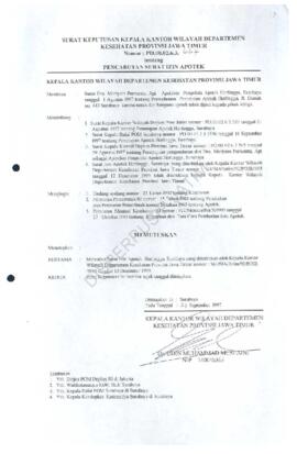 SK. Kanwil Kesehatan no PO 00.02.6.3.667  tentang pencabutan Surat izin apotik Airlangga Surabaya...