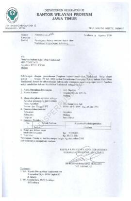 Surat kepada pimpinan Industri kecil obat tradisional Mulya Sejati dari DepKes Prop. Jatim tentan...