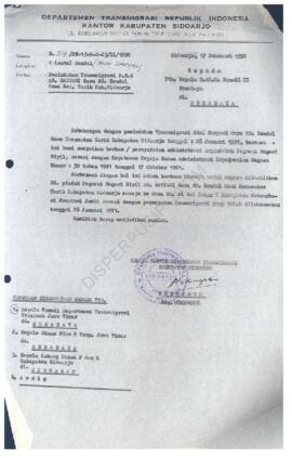 Surat dari Dep Trans RI Kantor Kab Sidoarjo kepada B.A.K.N Kanwil Surabaya tentang pemindahan tra...