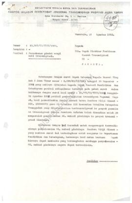 Surat dari Kepala Kantor Wilayah Direktur Jenderal transmigrasi Propinsi Jawa Timur kepada Direkt...