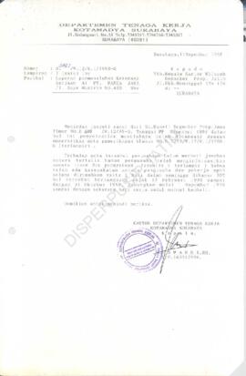 Kepala Departemen Tenaga Kerja Kodya Surabaya : Surat kepada Kepala Kantor Wilayah Departemen Ten...