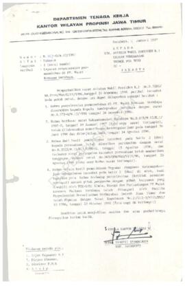 Kepala Kantor Wilayah Departemen Tenaga Kerja Propinsi Jawa Timur : Surat kepada asisten Wakil Pr...