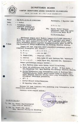 Surat dari Depag Kab. Bojonegoro kepada Kanwil Depag Prop. Jatim tentang permohonan pindah mengik...