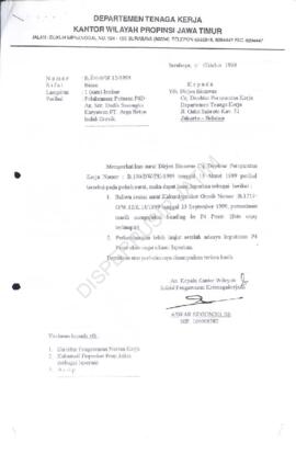 Surat Kakanwil Depnaker Prop. Jatim kepada Dirjen Binawas cq Direktur Persyaratan Kerja  Depnaker...