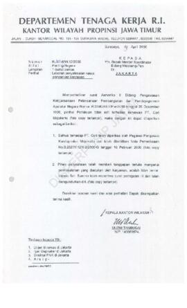 Surat Kepala Kantor Wilayah Departemen Tenaga Kerja Propinsi Jawa Timur : Surat kepada Menteri Ko...