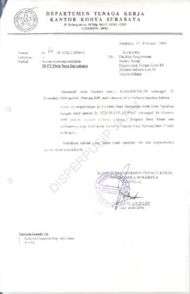 Kepala Kantor Departemen Tenaga Kerja Kotamadya Surabaya : Surat kepada Direktur pengawasan norma...