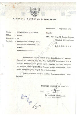 Surat dari pembatu Gubernur di Pamekasan kepada Bupati KDH TK II Pamekasan tentang pembentukan pa...