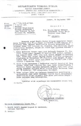 Surat Kepala Depnaker Kab.Bondowoso kepada kepala Kanwil Depnaker Jatim tentang laporan penyelesa...