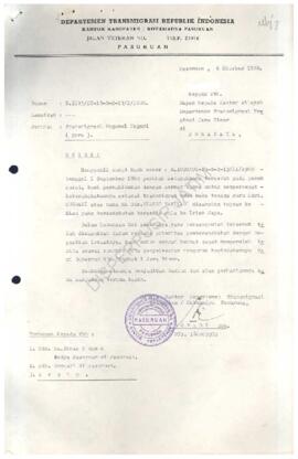 Dari Kantor Departemen Transmigrasi Kabupaten / Kodya Pasuruan kepada Kepala Kantor Wilayah Propi...