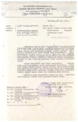 Dari Kanwil  Direktur Jenderal Transmigrasi Propinsi Jawa Timur kepada Kepala Kantor Wilayah Dire...