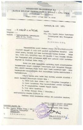 Surat dari Kepala Kantor Wilayah Departemen transmigrasi Jawa Timur kepada Kepala Kantor Wilayah ...