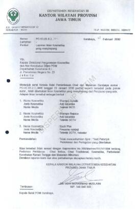 Surat dari Kakanwil Depkes Prop Jatim kepada Direktorat Pengawasan Kosmetik dan alat Kesehatan Di...