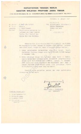 Kepala Kantor Wilayah Departemen Tenaga Kerja Propinsi Jawa Timur : Surat kepada asisten Wakil Pr...