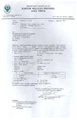 Surat kepada “ Perusahaan Jamu Anda ”  tentang persetujuan prinsip industri kecil obat tradisiona...