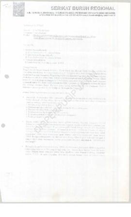 Serikat Buruh Regional : Surat kepada Menteri Tenaga Kerja, Dirjen Binawas Tenaga Kerja RI, Ketua...