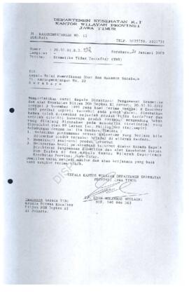 Surat dari Kakanwil Depkes Prop Jatim kepada Kepala Balai pemeriksaan obat dan makanan Surabaya t...