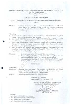 SK. Kanwil Kesehatan no PO 00.02.6.3.616  tentang pencabutan Surat izin apotik Ani Surabaya 4 Sep...