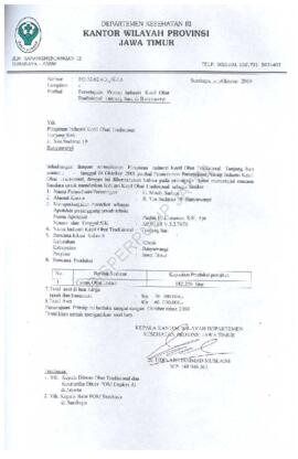 Surat kepada Pimpinan Tunjung Sari tentang persetujuan prinsip industri kecil obat tradisional Tu...