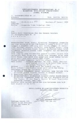 Surat dari Kakanwil Depkes Prop Jatim kepada Kepala Balai pemeriksaan obat dan makanan Surabaya t...