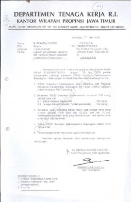 Kepala Kanwil Depnaker Jatim :surat kepada Dirjen Binawas dan Jamsostek cq. Tenaga Kerja RI di Ja...