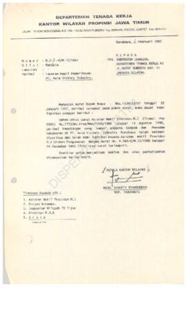 Kepala Kantor Wilayah Departemen Tenaga Kerja Propinsi Jawa Timur : Surat kepada Inspektur Jendra...