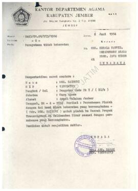 Surat dari Kepala Kantor Departemen Transmigrasi Kab. Dati II Jember