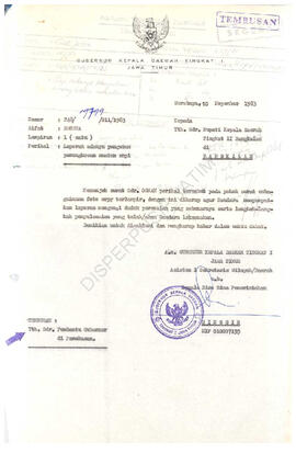 Berkas dari Gub KDH TK. I Jatim Asisten V Sewilda u.b.Kepala Biro Bina Pemerintahan tgl 10 Nop 19...