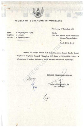 Berkas dari Gub KDH TK. I Jatim Asisten V Sewilda u.b.Kepala Biro Bina Pemerintahan tgl 10 Nop 19...