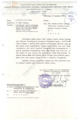 Surat dari Kepala Kantor Wilayah Direktur Jenderal transmigrasi Propinsi Jawa Timur kepada Kepala...