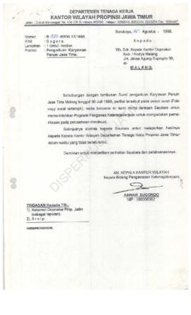 Surat Kepala Kantor Wilayah Departemen Tenaga Kerja Propinsi Jawa Timur : Surat kepada Asisten Wa...