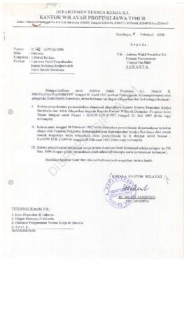 Kepala Kantor Wilayah Departemen Tenaga Kerja Propinsi Jawa Timur : Surat kepada Asisten Wakil Pr...