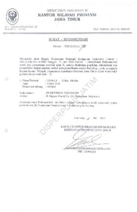 Rekomendasi dari Kepala Kanwil Depkes Nomor : YM 02.03.6.2.764 perihal : permohonan rekomendasi u...